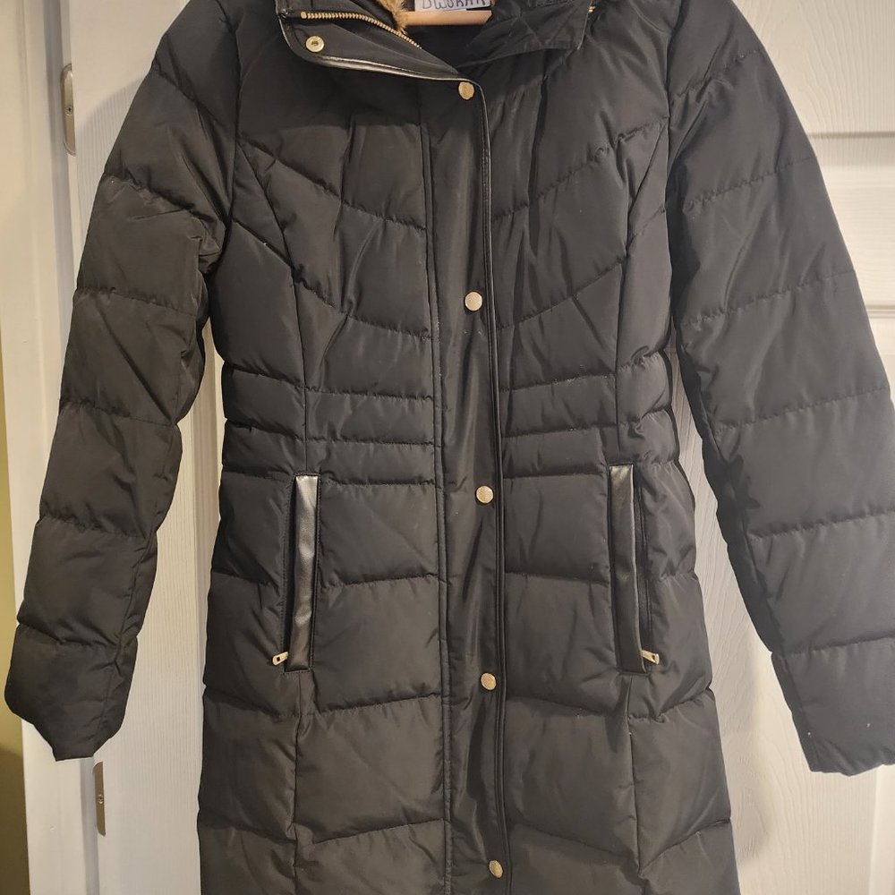 WOMEN'S COLE HAAN QUILTED DOWN & FEATHER FILL JACKET SMALL FAUX FUR TRIM BLACK